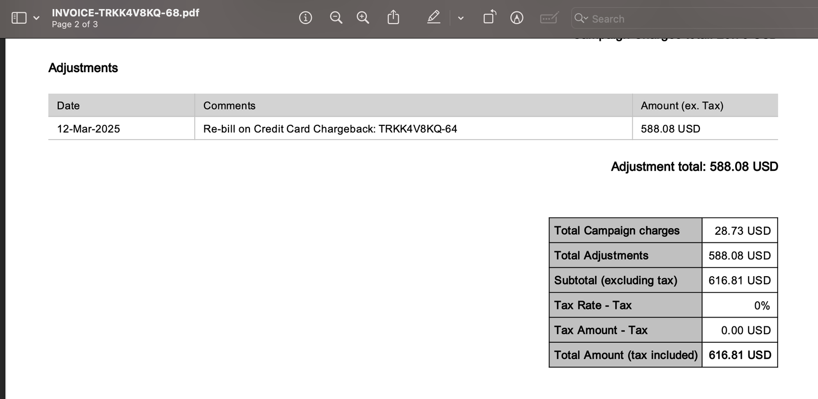 Invoice 68 Rebill Screenshot