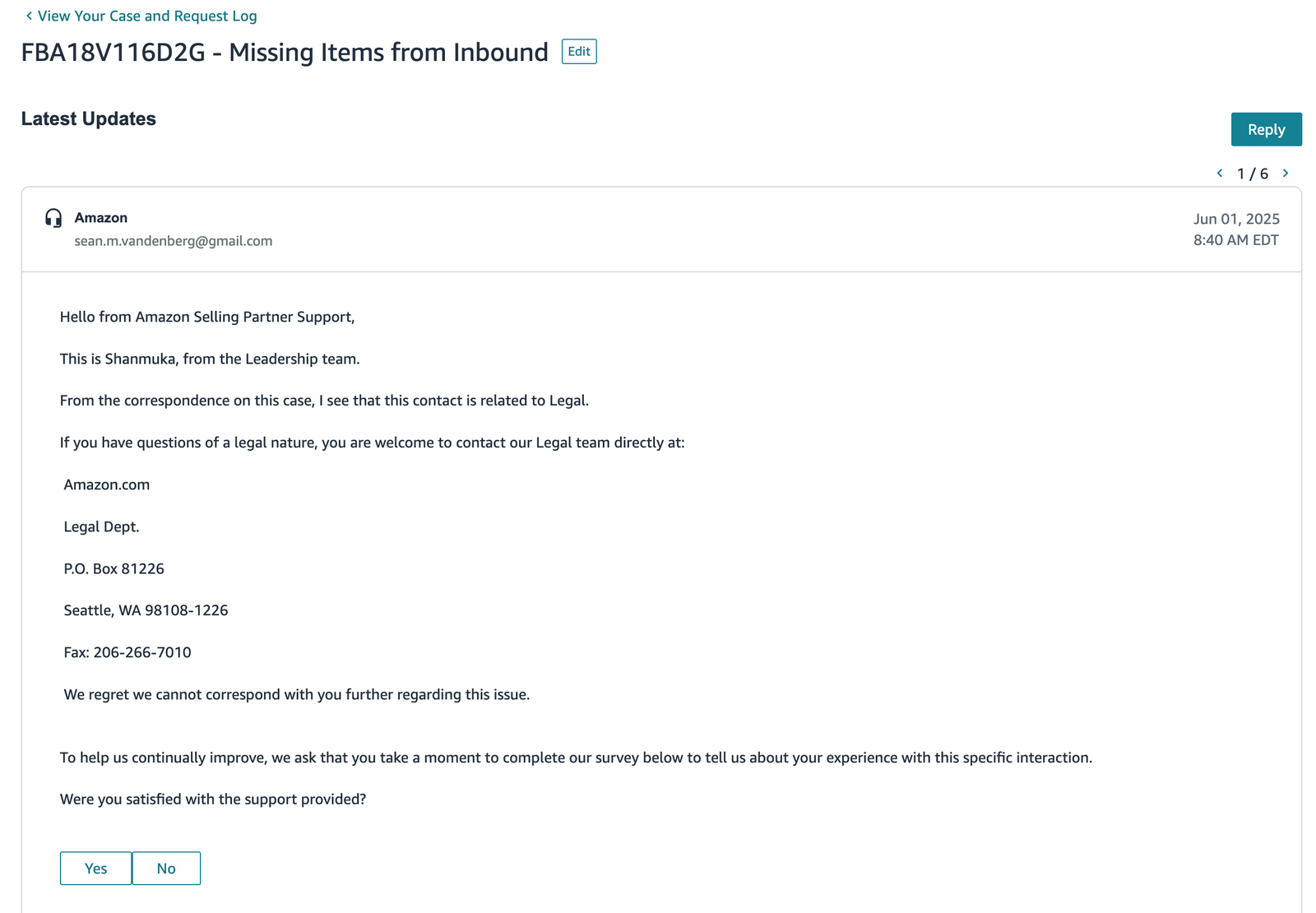 Amazon Legal Referral Email